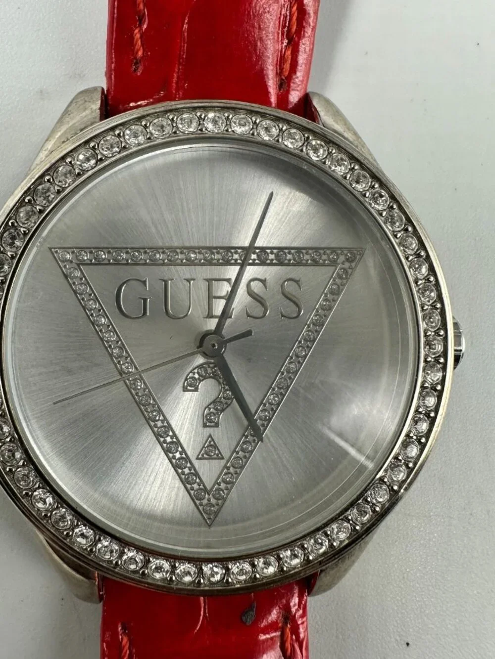 Guess Watch Women Silver Tone Logo Dial 36MM Red Leather Band New Battery